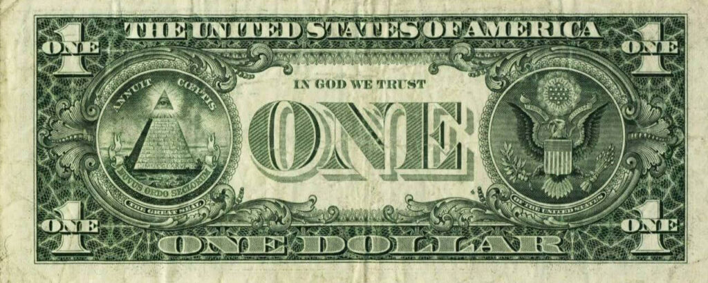 Banknot 1 dolarowy z widocznym awersem i rewersem wielkiej pieczęci USA
